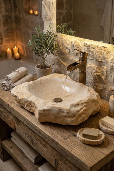 حوض مغسلة حجري طبيعي خام – 47×59 سم